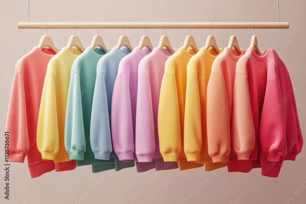 Colorful sweaters on wooden hanger against white wall. Colorful sweaters on wooden hanger against white wall.