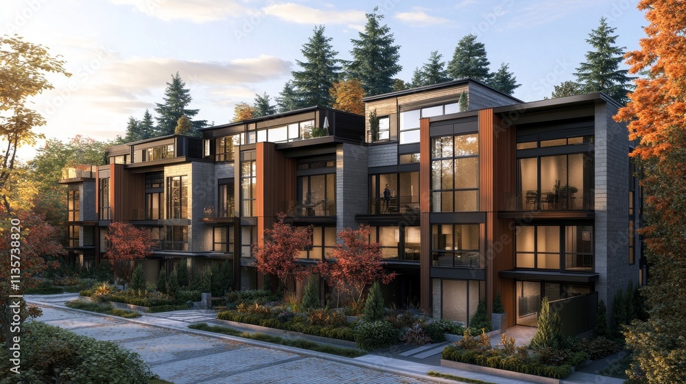Fototapeta premium Modern multi-unit residential building surrounded by trees and landscaped gardens.