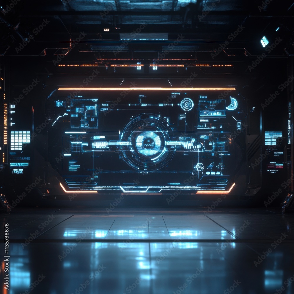 Fototapeta premium Digital interface, glowing, dark background. No people.