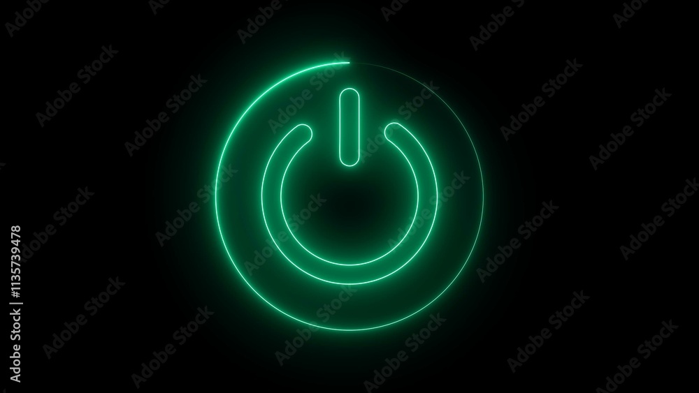 Power on neon icon. Green neon sign on dark brick wall. Best for polygraphy, Start button with surrounding light, Vector illustration Power on neon icon. Green neon sign on dark brick wall. Best for polygraphy, Start button with surrounding light, Vector illustration