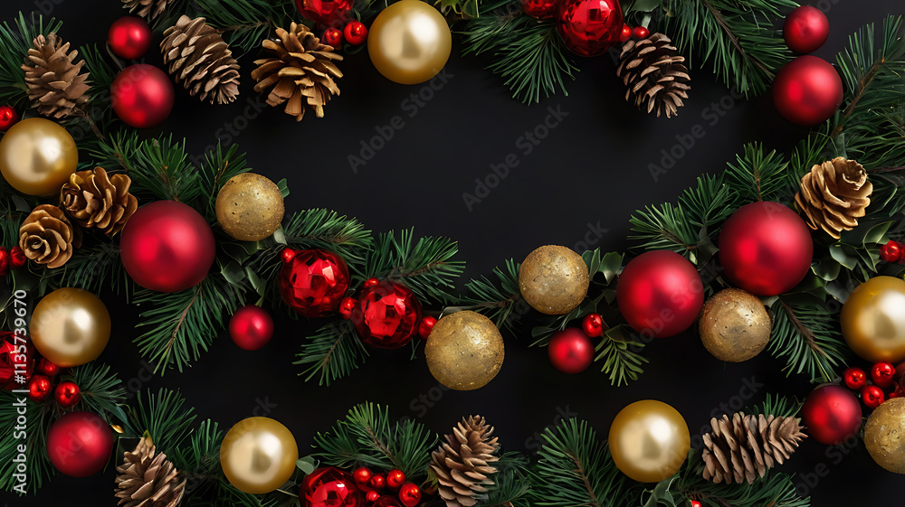 Christmas garland with red and gold ornaments, pinecones, and holly on a black background. Christmas garland with red and gold ornaments, pinecones, and holly on a black background.
