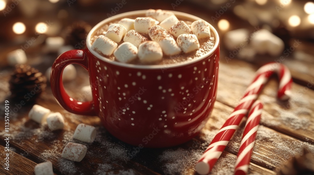 Red mug, hot cocoa, marshmallows, candy canes; wooden background. Red mug, hot cocoa, marshmallows, candy canes; wooden background.