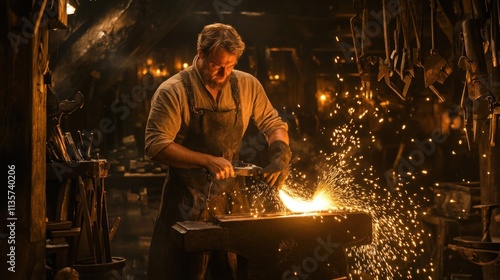 Blacksmith working at his forge, sparks flying from the hot metal on the anvil.