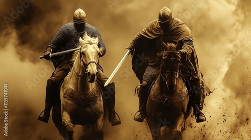 Two men on horses, one of them holding a sword. Scene is intense and dramatic photo