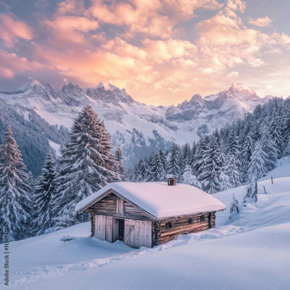 Snowy cabin, snow-covered trees, mountains; serene. Snowy cabin, snow-covered trees, mountains; serene.