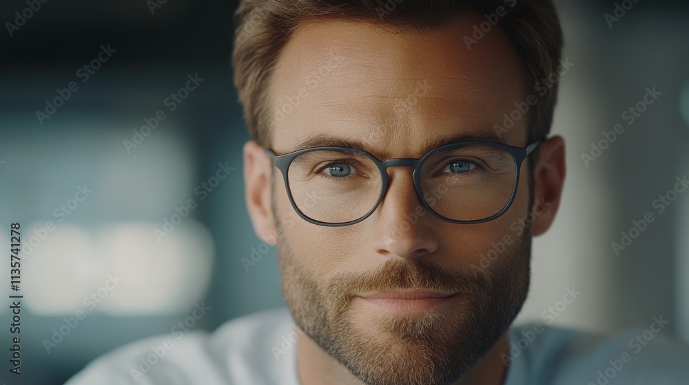 Young man with glasses smiling confidently in a modern office environment, showcasing professionalism and approachability in a casual attire, natural lighting accentuating features Young man with glasses smiling confidently in a modern office environment, showcasing professionalism and approachability in a casual attire, natural lighting accentuating features