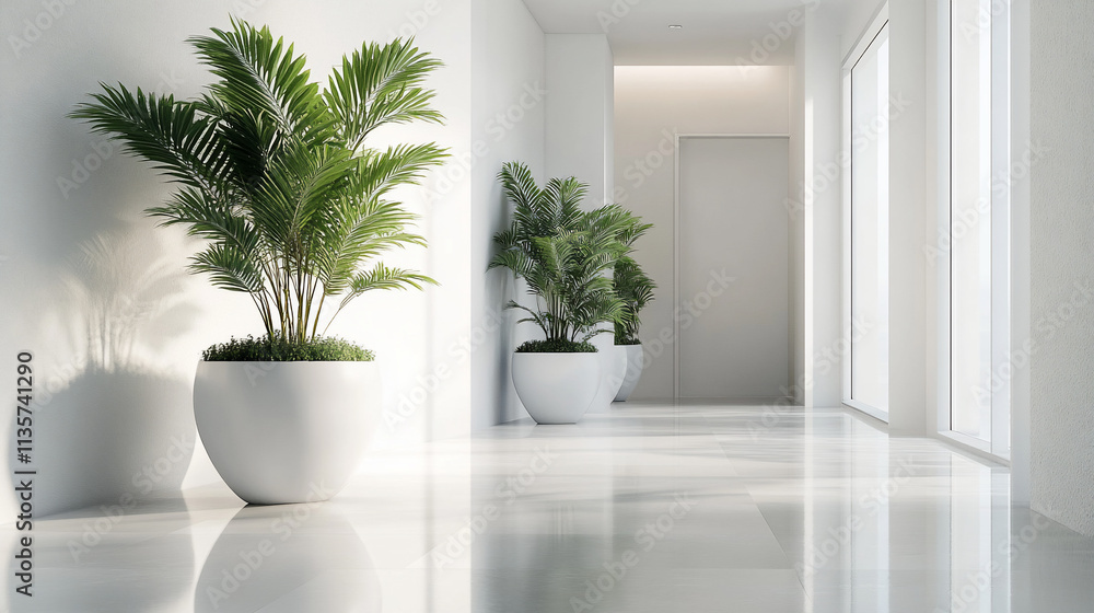 Sunlit modern hallway with potted plants. (1) Sunlit modern hallway with potted plants. (1)