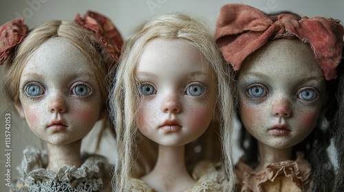 Three Porcelain Dolls: A Close-Up Portrait photo