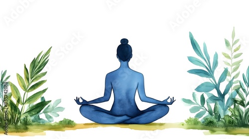 Wallpaper Mural Tranquil Meditation Scene with Blue Silhouette Practicing Mindfulness Surrounded by Lush Greenery and Soft Natural Elements for Zen and Relaxation Torontodigital.ca