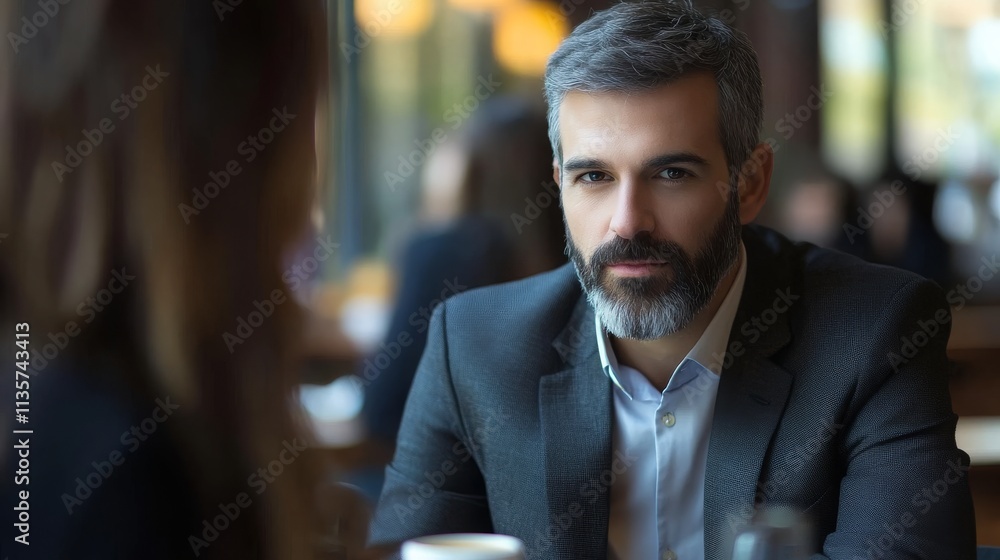 Thoughtful man in a business suit engaging in a serious conversation at a coffee shop, with a blurred background emphasizing focus on discussion and connection. Thoughtful man in a business suit engaging in a serious conversation at a coffee shop, with a blurred background emphasizing focus on discussion and connection.