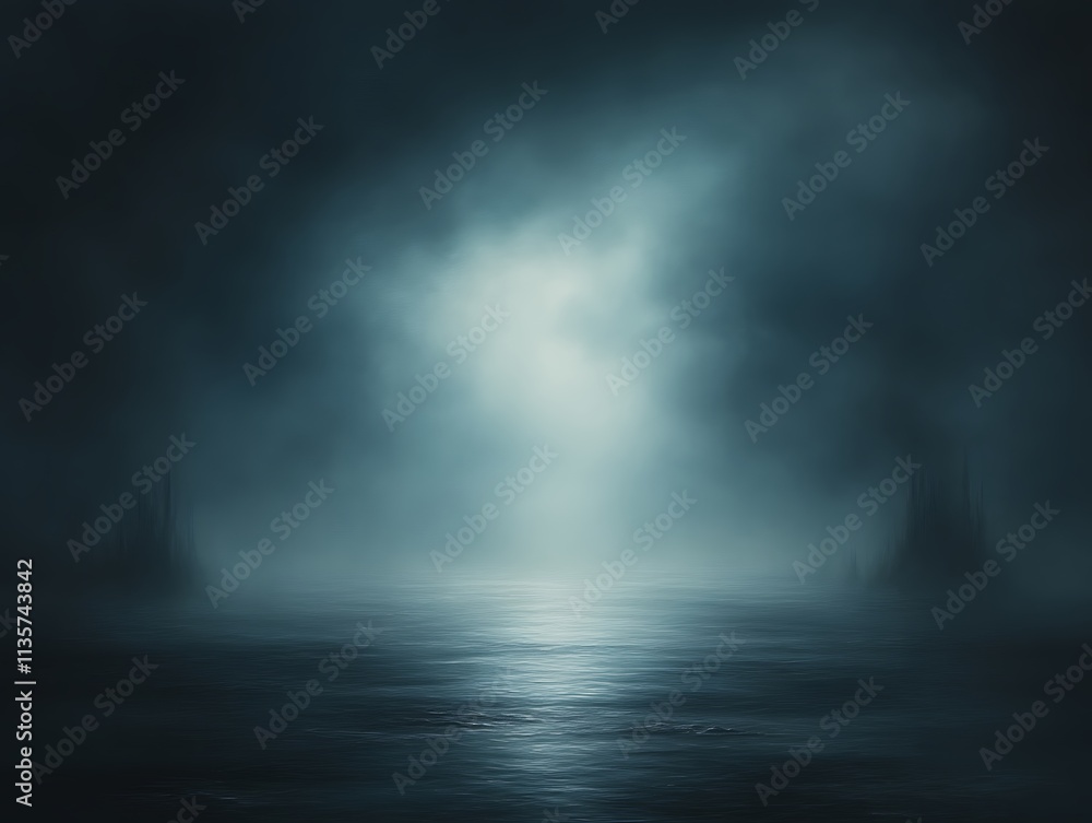 Mysterious Foggy Waterscape at Dusk With Dark Silhouettes Mysterious Foggy Waterscape at Dusk With Dark Silhouettes