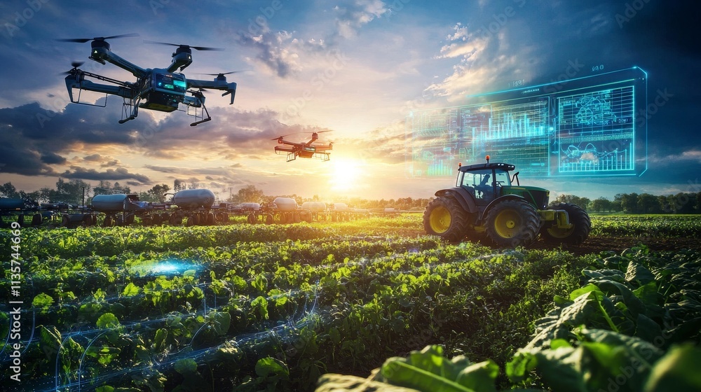 A tractor and drones operate in a field at sunset, showcasing modern agricultural technology. A tractor and drones operate in a field at sunset, showcasing modern agricultural technology.