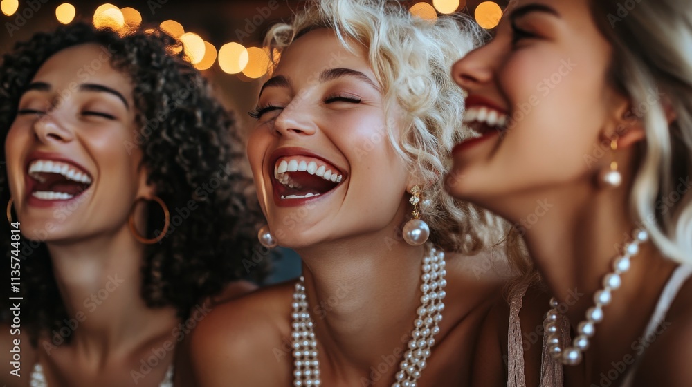 A group of friends wearing various pearl jewelry, laughing together in a cozy indoor setting, with the pearls subtly highlighted, A group of friends wearing various pearl jewelry, laughing together in a cozy indoor setting, with the pearls subtly highlighted,