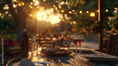 Sunset Outdoor Dinner with Grilled Food and Drinks