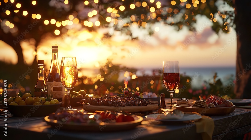 Obraz premium Sunset Outdoor Dinner with Grilled Food and Drinks