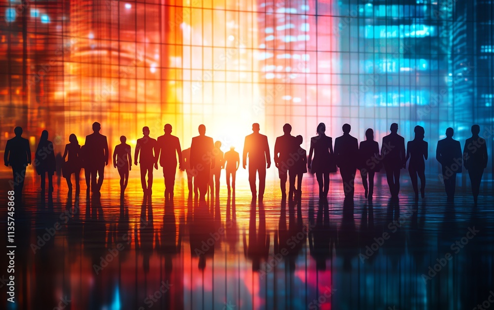 Business silhouettes in a blurred corporate atmosphere with a glowing light bulb Business silhouettes in a blurred corporate atmosphere with a glowing light bulb