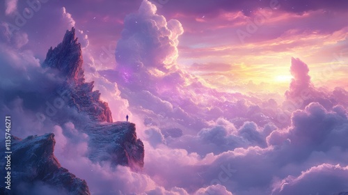 Person standing on a majestic mountain peak, overlooking a breathtaking sea of clouds at sunset. Illustrates themes of achievement, solitude, and the pursuit of dreams above the mundane.