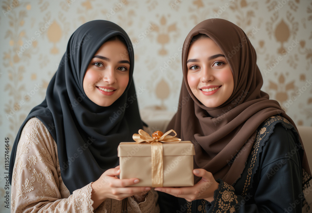 Muslim women in hijab with gift Muslim women in hijab with gift