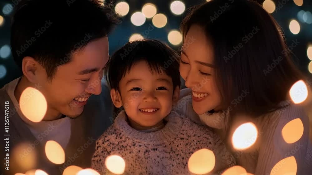 Happy Asian family with sparklers celebrating Chinese New Year. Festive concept for Lunar New Year, Christmas, asian festival, birthday
