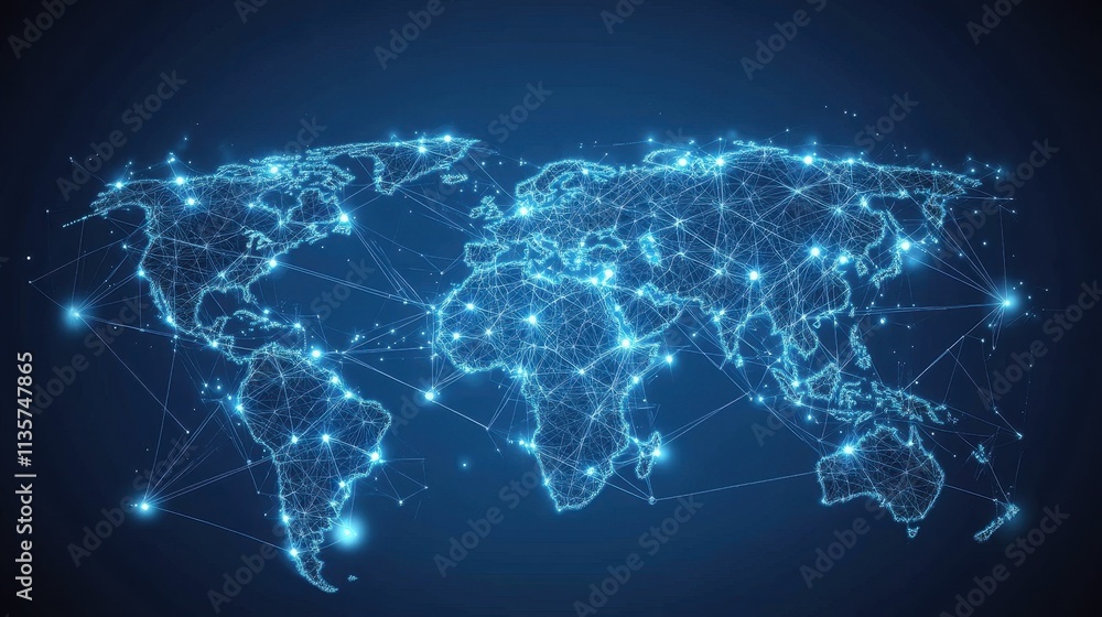 Global network map with glowing nodes. Illustrates worldwide connectivity, data flow, or globalization. Global network map with glowing nodes. Illustrates worldwide connectivity, data flow, or globalization.