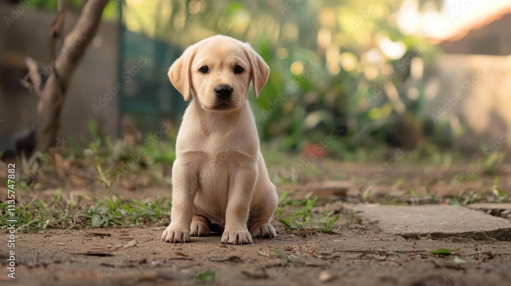 A Labrador puppy sitting and wagging its tail. A Labrador puppy sitting and wagging its tail.