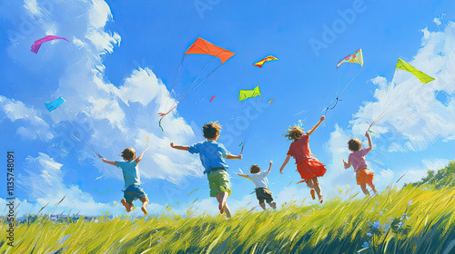 Children running through a grassy field, flying colorful kites against a clear blue sky, capturing a carefree summer day  photo