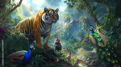 Obraz Majestic tiger, peacocks, monkey in lush jungle scene.