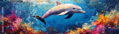 Bright acrylic oil painting of a dolphin swimming in the underwater world, colorful ocean and large strokes creating movement, AI generative scene photo