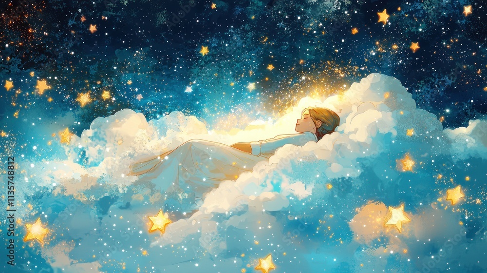 A digital illustration of a person sleeping on a cloud, surrounded by stars, symbolizing restful sleep. A digital illustration of a person sleeping on a cloud, surrounded by stars, symbolizing restful sleep.