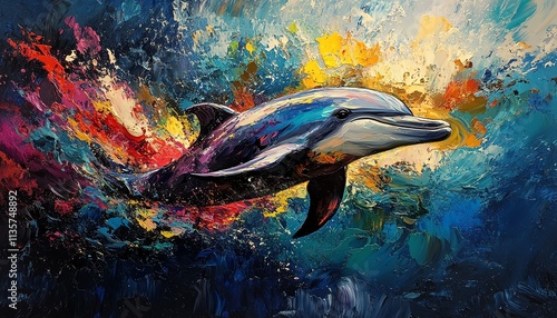 Bright and dynamic underwater world featuring a dolphin, painted with acrylic oil paints and large expressive strokes, AIgenerated ocean art photo