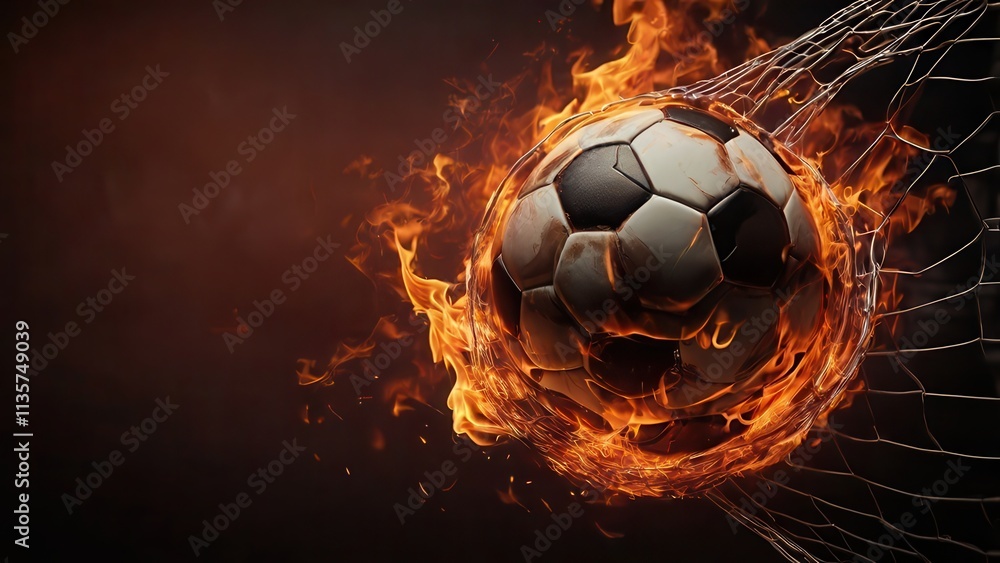 Fototapeta premium A flaming soccer ball smashing into the goal net with intense fire effects, creating a powerful and dynamic sports moment