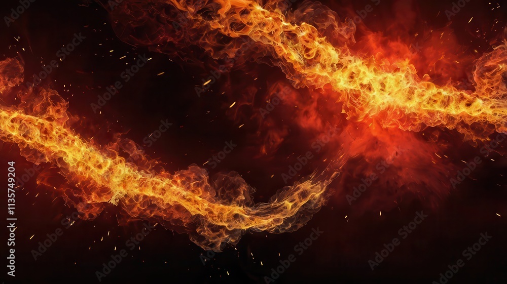 Obraz premium Fiery explosion with glowing flames and dark smoke swirling against a black background, creating a dramatic and intense scene