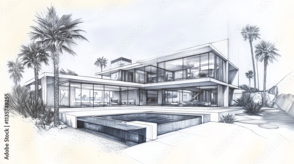 Fototapeta premium A sleek architectural sketch of a modern house with a pool and palm trees.