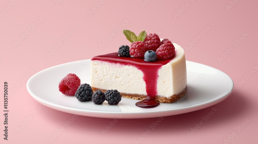 A slice of cheesecake topped with a drizzle of berry sauce A slice of cheesecake topped with a drizzle of berry sauce