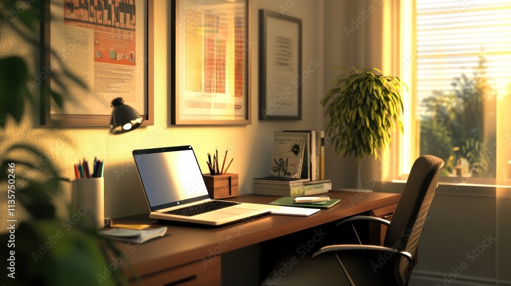 Sunlit home office with laptop, plants, and framed prints on desk. Sunlit home office with laptop, plants, and framed prints on desk.