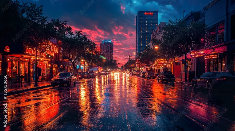 Obraz premium Rainy Night Cityscape: Vibrant Reflections and Neon Lights