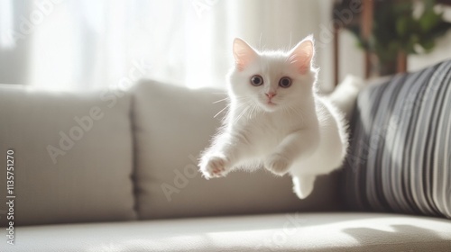 Wallpaper Mural Adorable white kitten mid-leap, paws extended. Perfect for blogs, websites, or pet-related projects needing a playful image. Torontodigital.ca