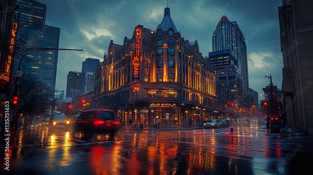 Obraz premium Rainy Night Cityscape: Illuminated Buildings and City Lights