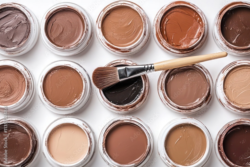 Top View Make up eye shadows top view brush on top beige chocolate coffee Mocha Mousse brown terracotta color Top View Make up eye shadows top view brush on top beige chocolate coffee Mocha Mousse brown terracotta color