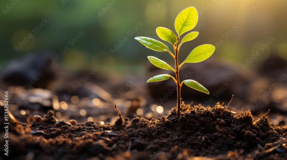A small green plant is growing in the dirt A small green plant is growing in the dirt