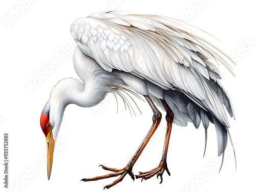 Elegant white crane feeding in tranquil wetland wildlife photography serene environment photo