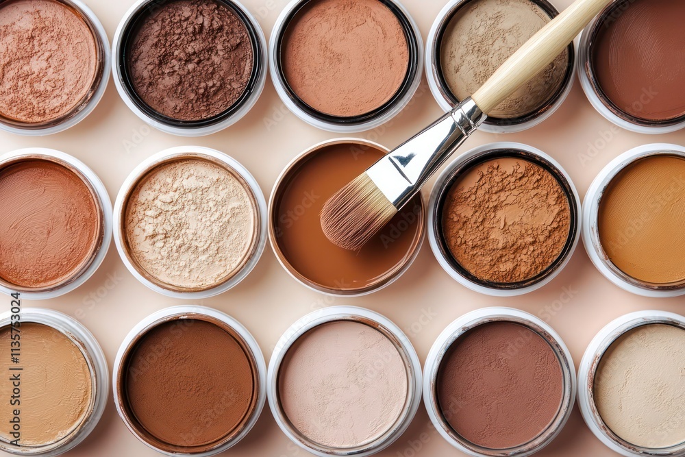 Fototapeta premium Top View Make up eye shadows top view brush on top beige chocolate coffee Mocha Mousse brown terracotta color