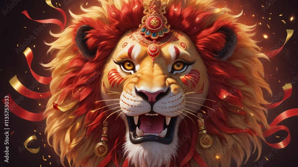 Majestic Lion with Ornate Headwear Red and Gold Celebration Majestic Lion with Ornate Headwear Red and Gold Celebration