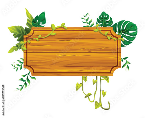 Wooden board with tropical leaves and hanging vines, perfect for decoration. Vector cartoon illustration