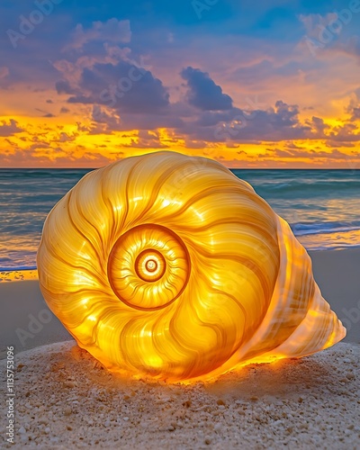 concept image leadership and personal growth, Glowing Spiral Shell on Beach at Sunset photo