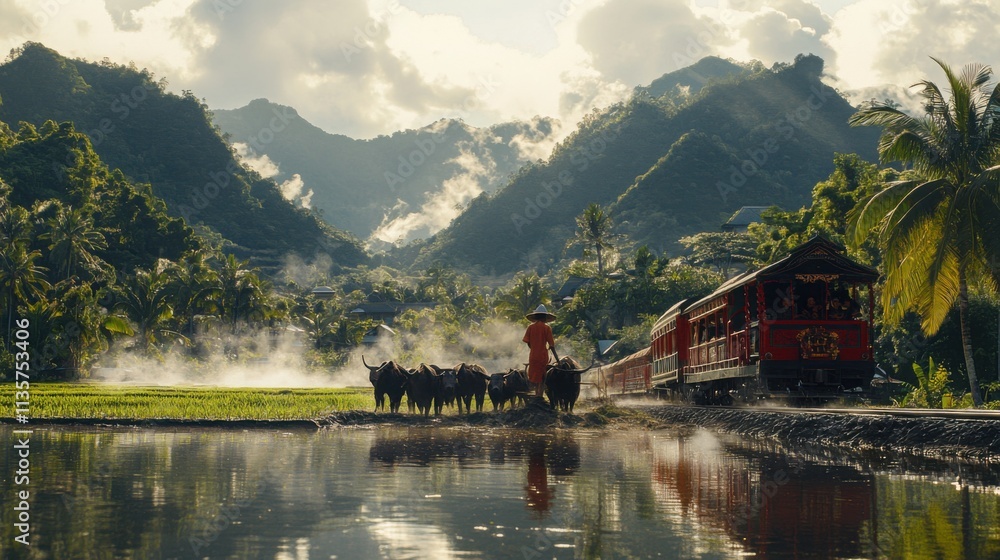 Fototapeta premium Traditional Farming with Oxen in a Scenic Paddy Field