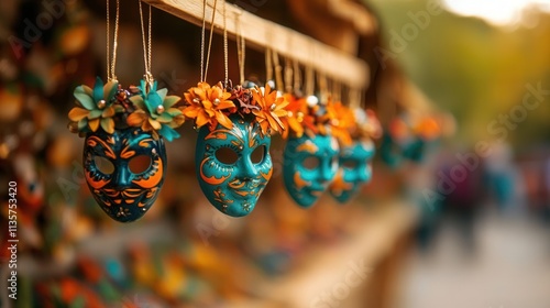 Colorful handcrafted masks display at artisan market outdoor festival vibrant atmosphere close-up view photo