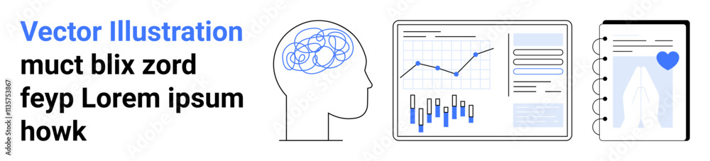 Head with brain neural illustration, analytics dashboard with graphs, and digital notebook with heart symbol. Ideal for neuroscience, data analysis, digital tools, productivity, technology Head with brain neural illustration, analytics dashboard with graphs, and digital notebook with heart symbol. Ideal for neuroscience, data analysis, digital tools, productivity, technology