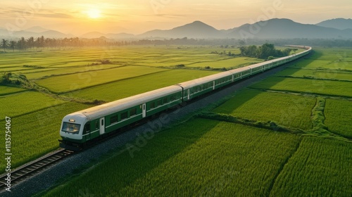 Aerial View of Train on Paddy Terraces at Sunrise photo