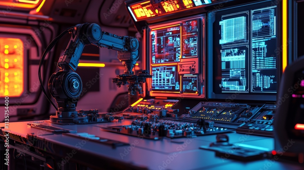 A futuristic control panel with robotic arm and digital displays in a high-tech environment. A futuristic control panel with robotic arm and digital displays in a high-tech environment.